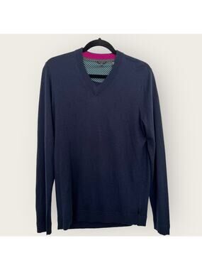 Ted Baker London Wool Sweater | Size 3 Medium | Blue V-neck Pullover Minimalist